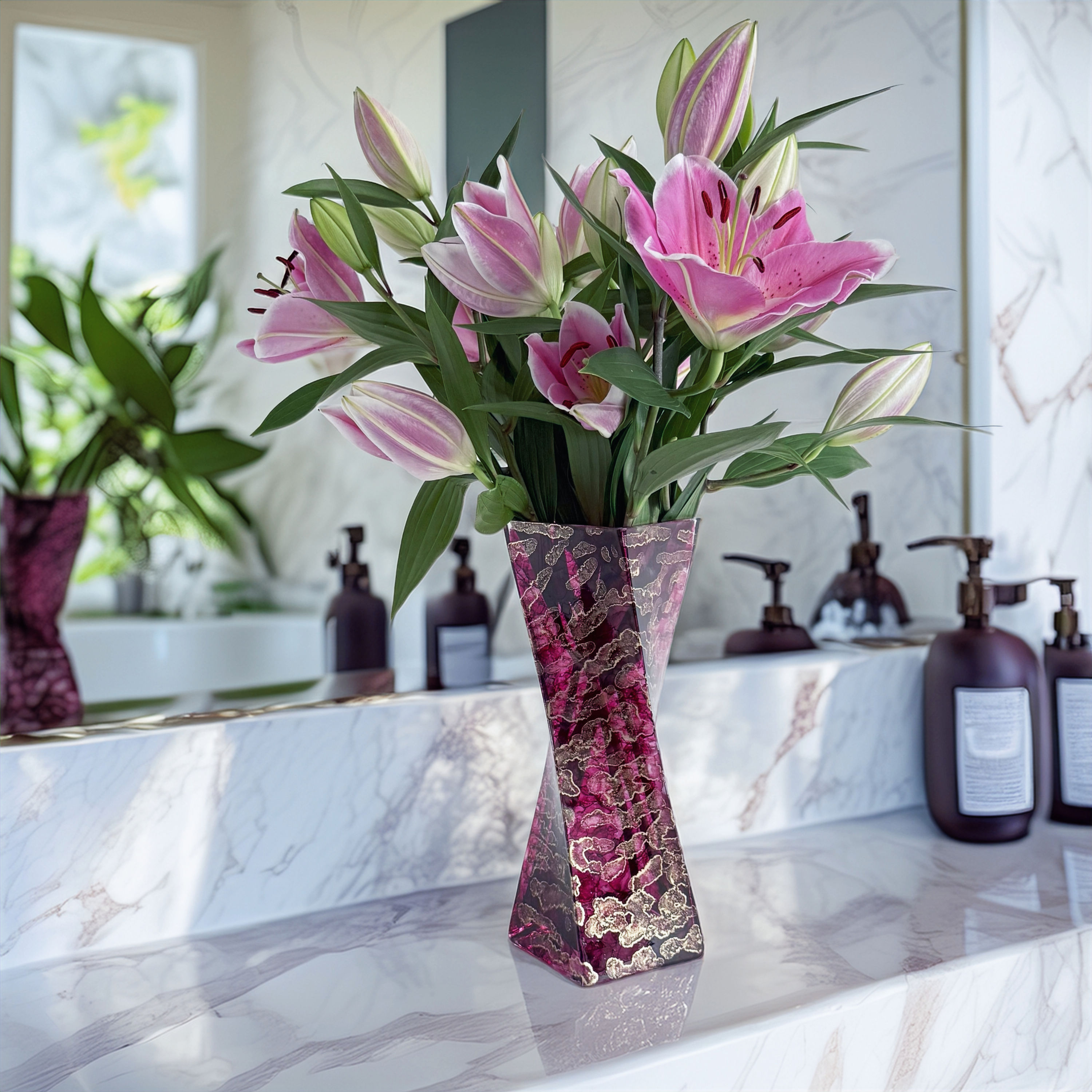striking large twisted glass vase in a luxurious burgundy and gold finish in a contemporary geometric design