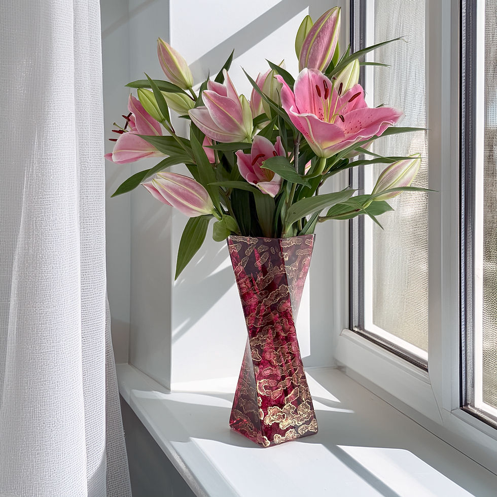 Thumbnail: striking large twisted glass vase in a luxurious burgundy and gold finish in a contemporary geometric design