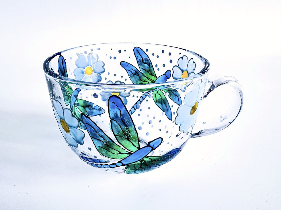 Thumbnail: Hand Painted colourful personalised Dragonfly glass coffee mug in gradient blue and green colour