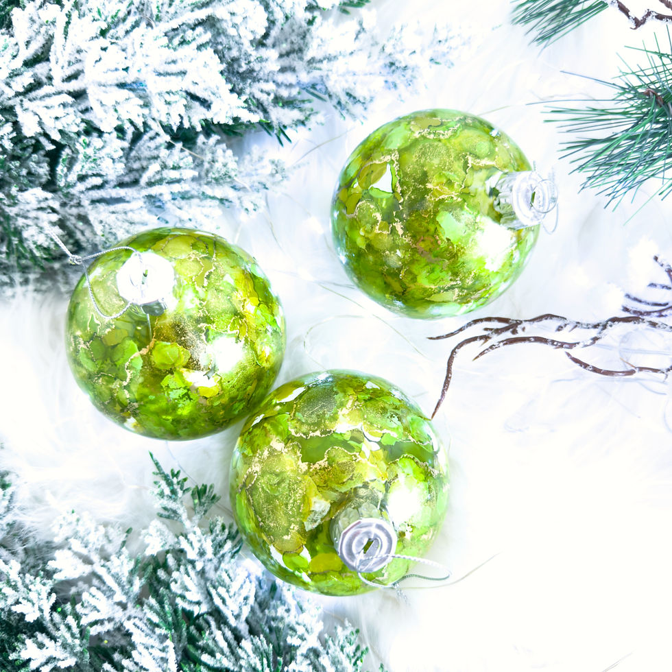 Thumbnail: Lime Green & Gold Hand Painted Glass Tree Baubles in shades of green with gold accents