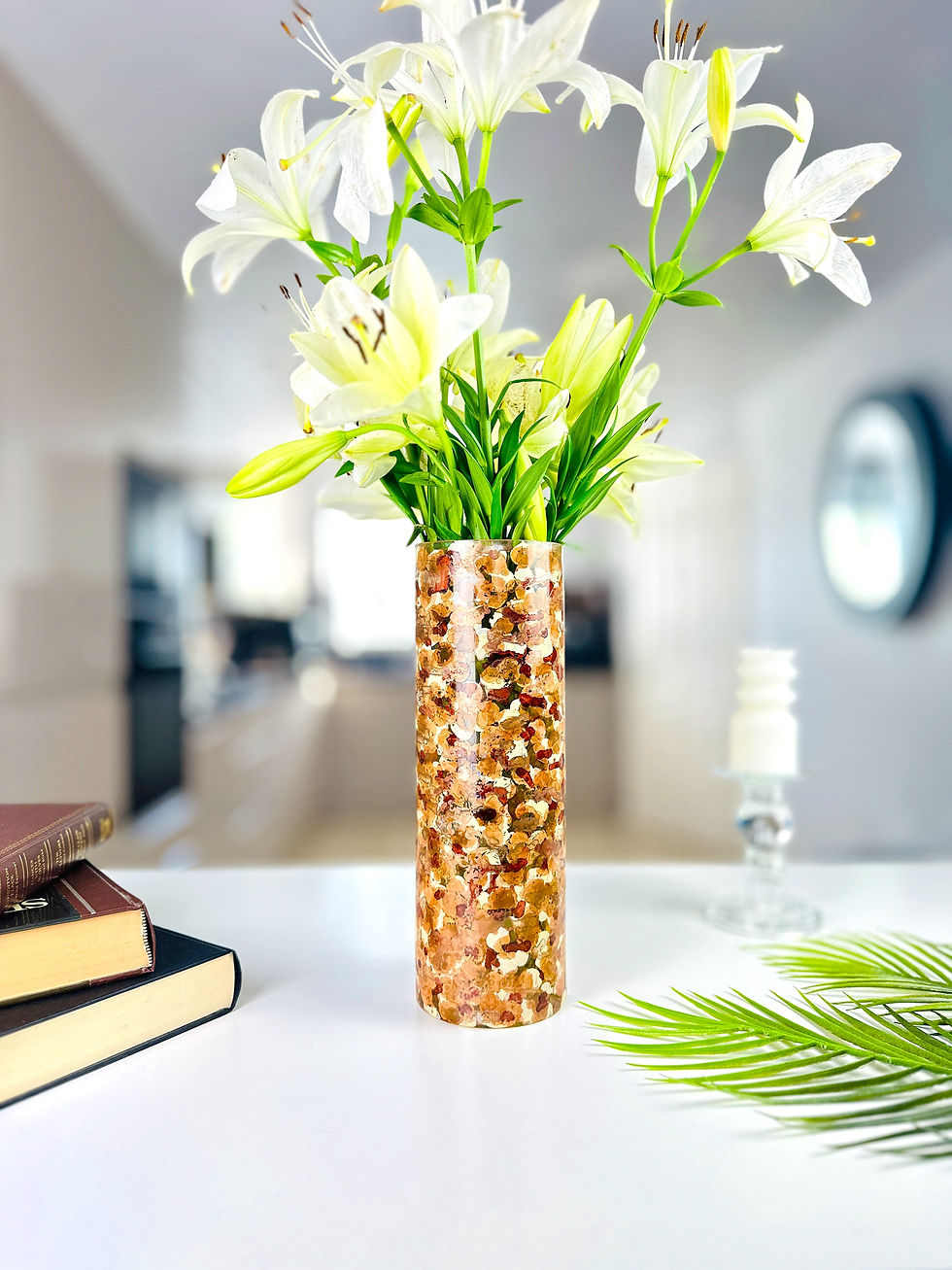 Thumbnail: Glass Vase Hand painted in shades of brown and shimmering copper, 30 cm tall, 10 cm wide