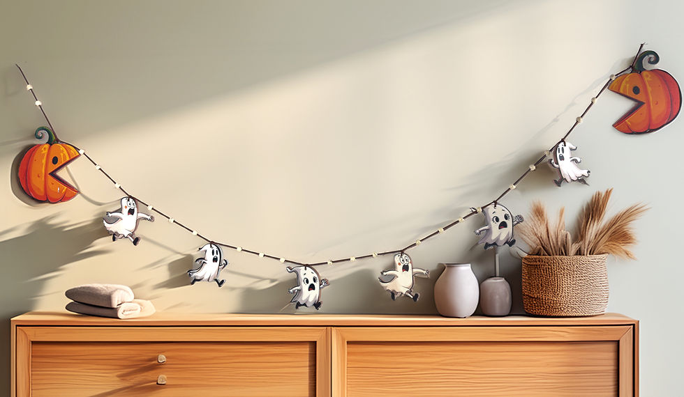 Funny Halloween Wooden Garland featuring a mischievous pumpkin chasing scared ghosts