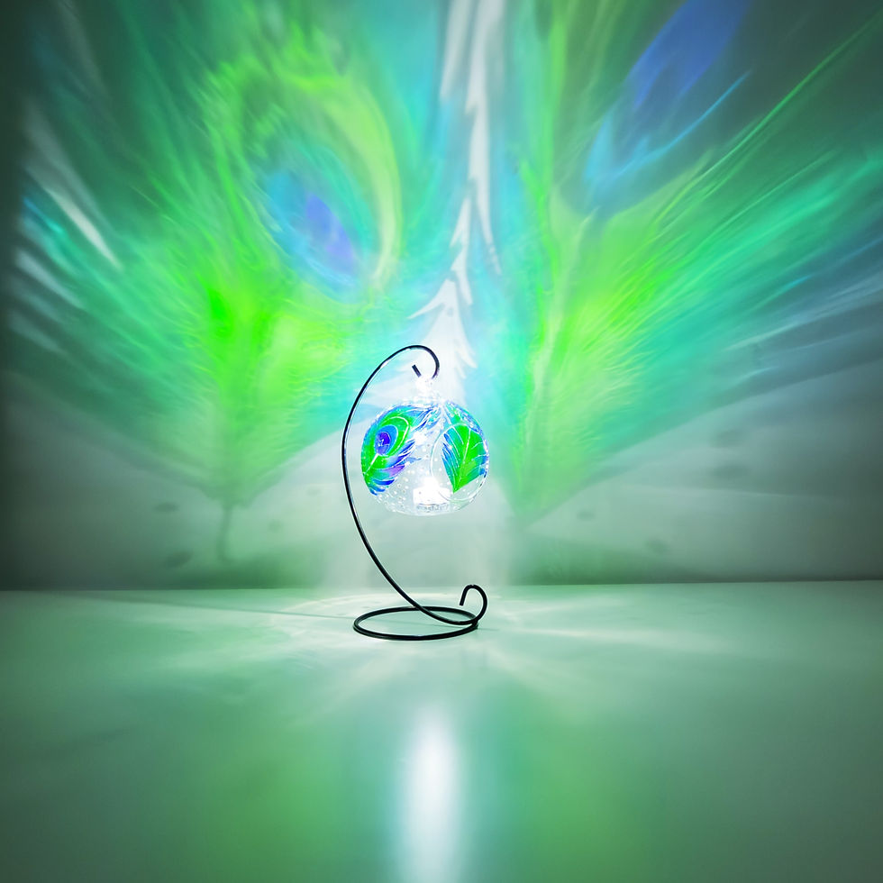Thumbnail: Vibrant Peacock Feathers Hand Painted Glass Candle Holder