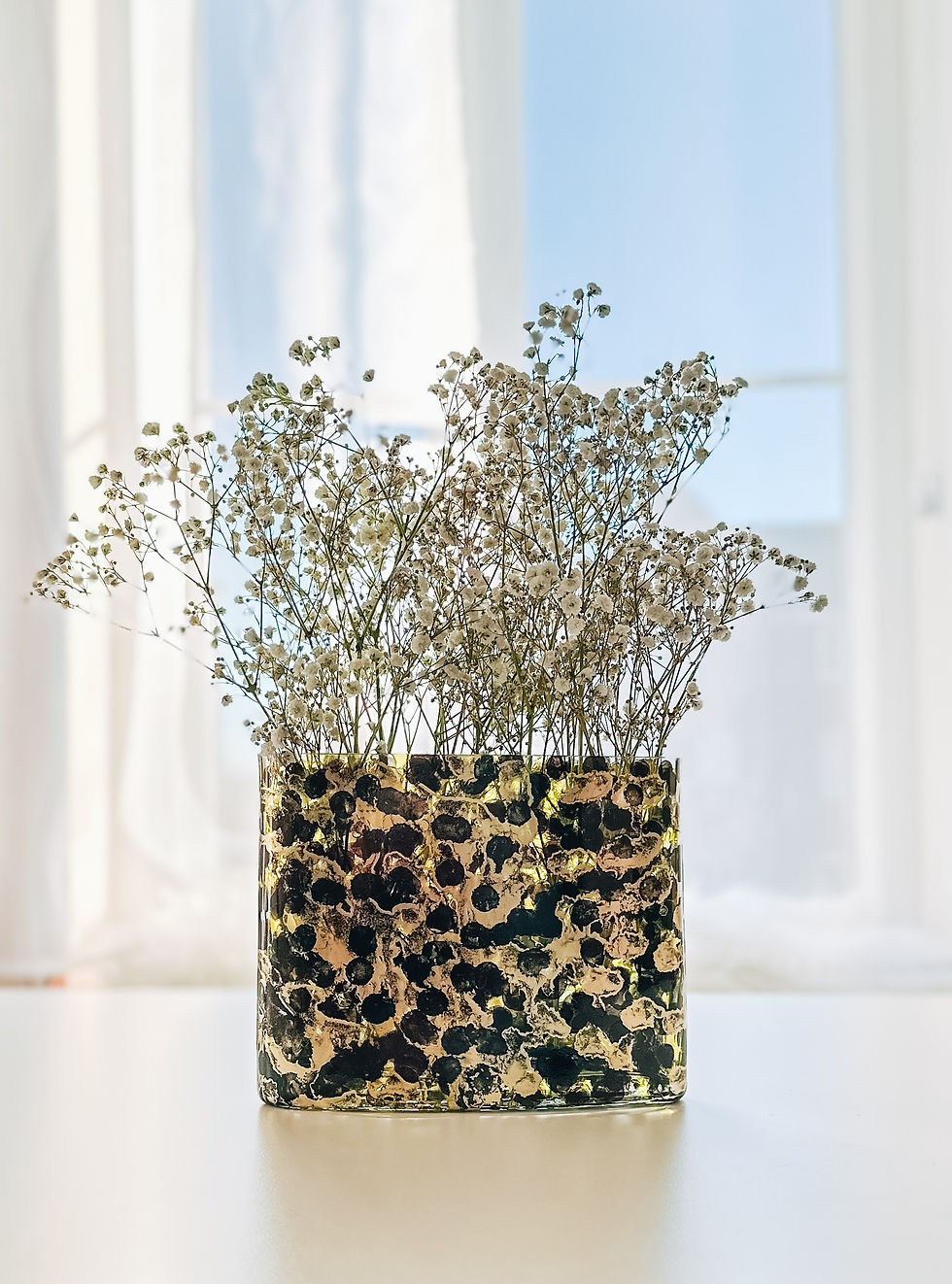 Thumbnail: Beautiful and unique Gold and Black Oval Glass Vase. A colorful abstract decorative vase for flowers