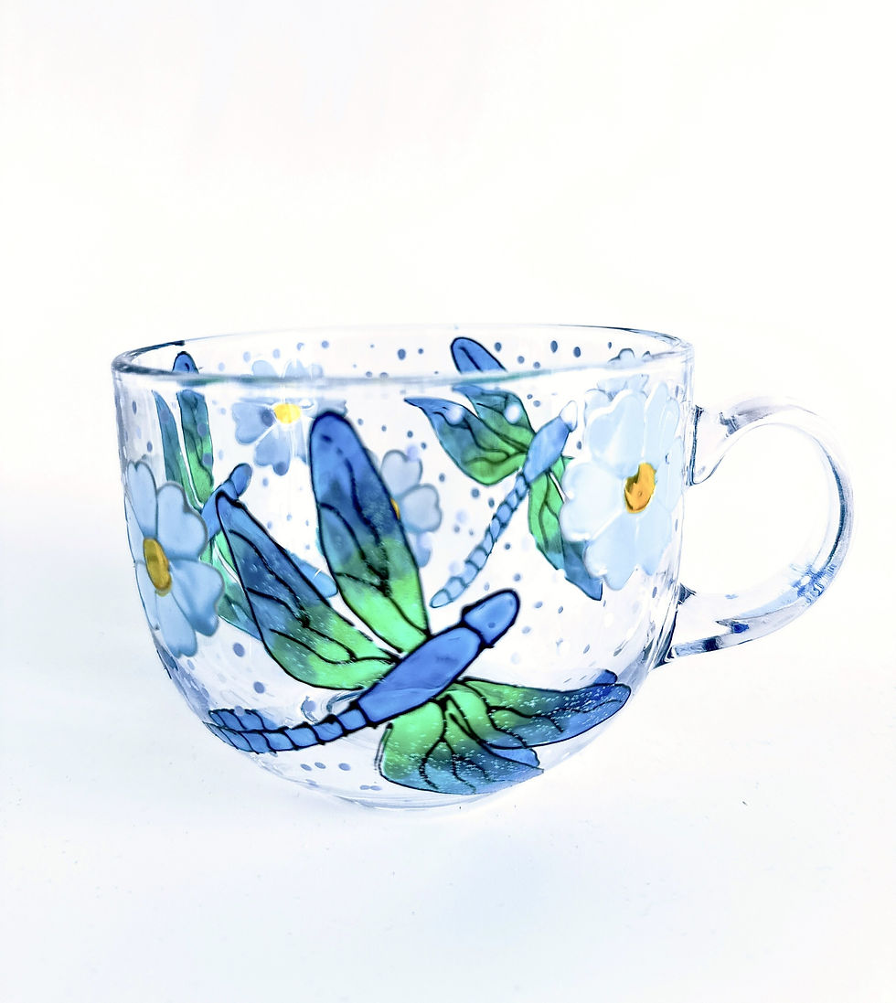 Thumbnail: Hand Painted colourful personalised Dragonfly glass coffee mug in gradient blue and green colour