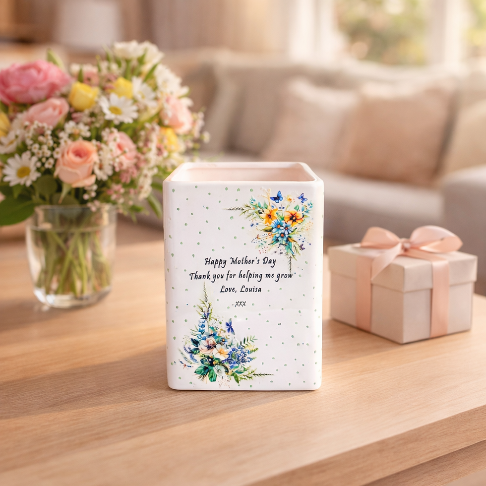 Thumbnail: rectangle white ceramic plant pot with spring flower patterns and personalised message