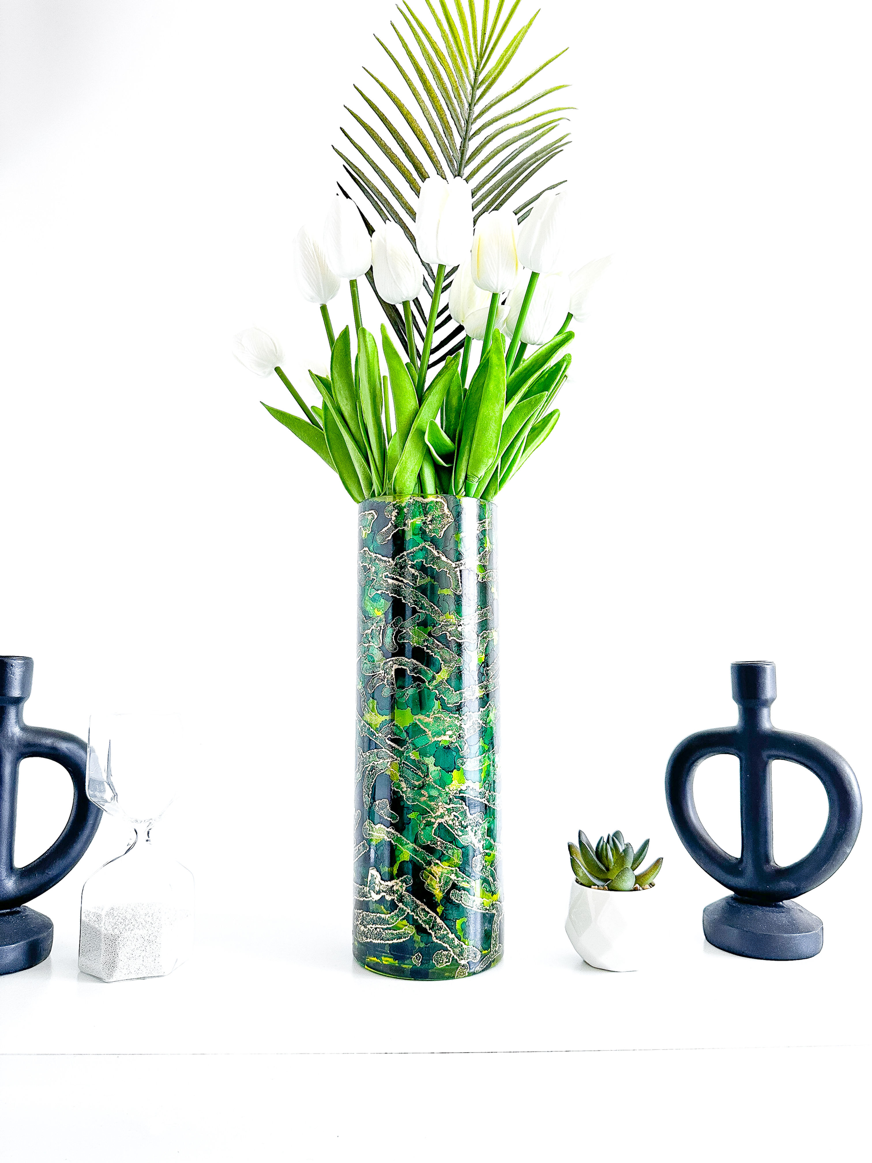 Tall Emerald Green Glass Vase for Flowers is Handmade and Unique