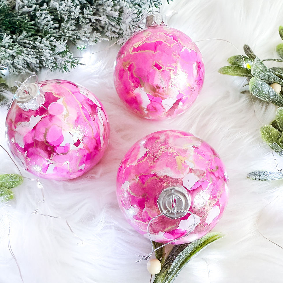 Thumbnail: Pink and gold glass Christmas baubles in set of 3, Hand painted