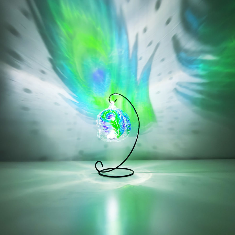 Thumbnail: Vibrant Peacock Feathers Hand Painted Glass Candle Holder