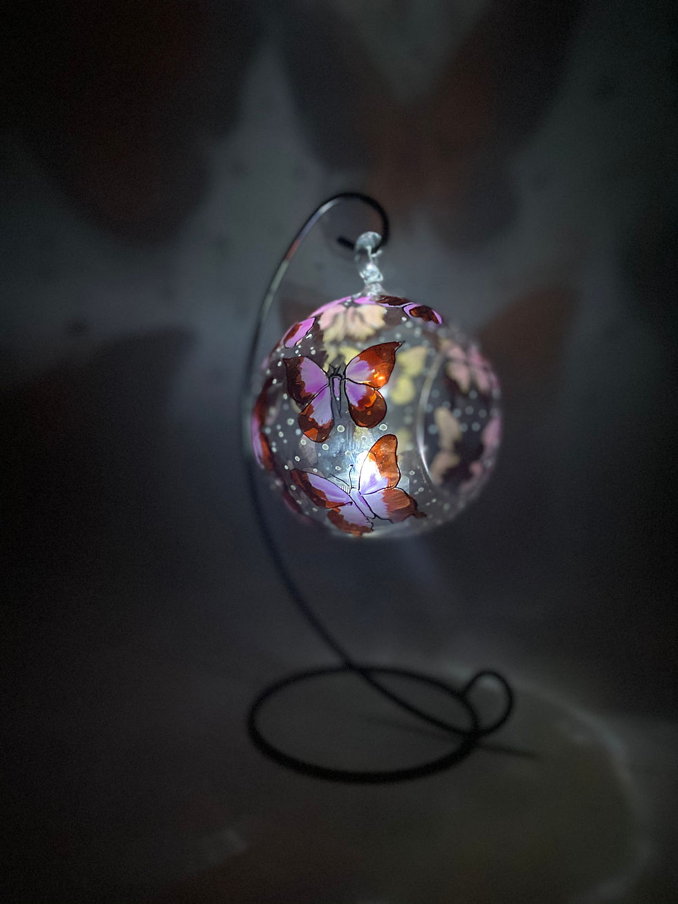 Thumbnail: Red Butterflies Glass Candle Holder Hand Painted  Stain Glass