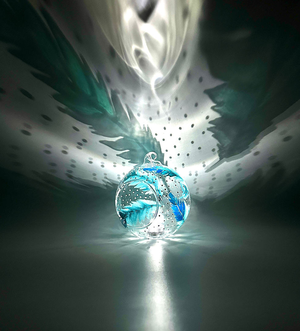 Thumbnail: A beautiful hand painted feather candle holder in gradient teal and shimmering glitter outline, this feather candle holder of