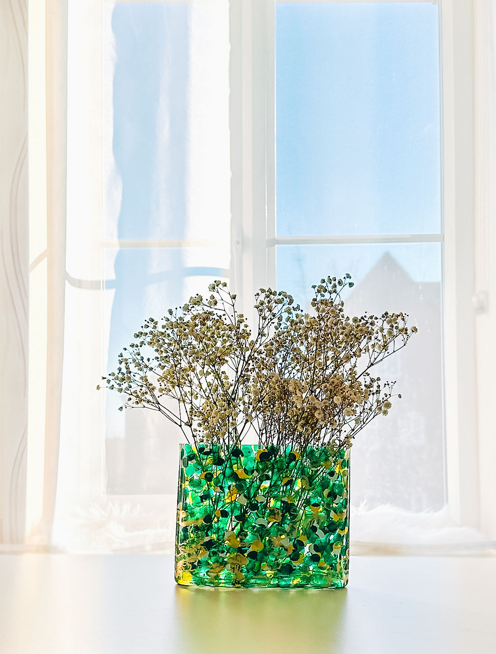 Thumbnail: Beautiful and unique Emerald Green and Gold Oval Glass Vase. A colorful abstract decorative vase for flowers