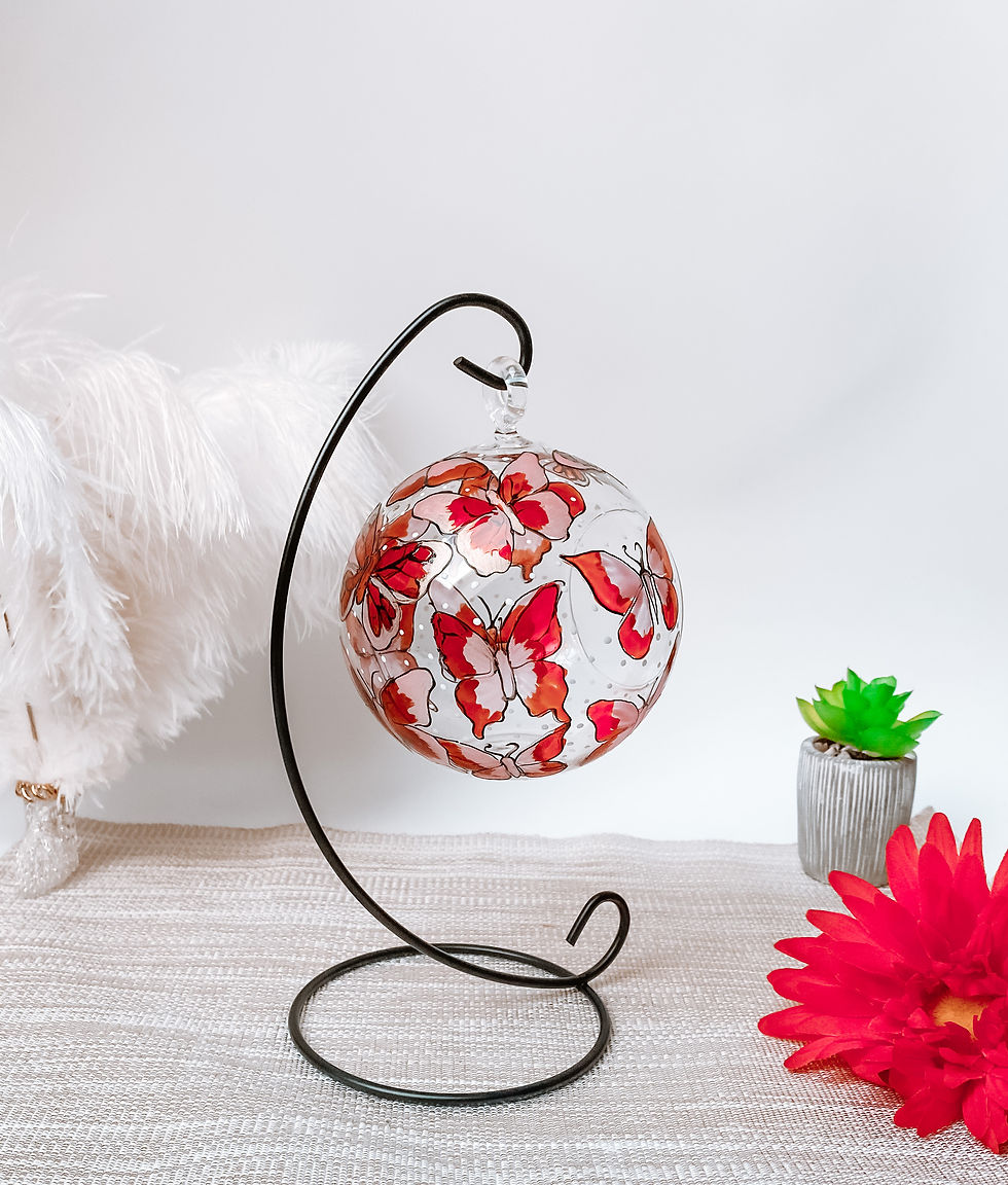 Thumbnail: Red Butterflies Glass Candle Holder Hand Painted  Stain Glass