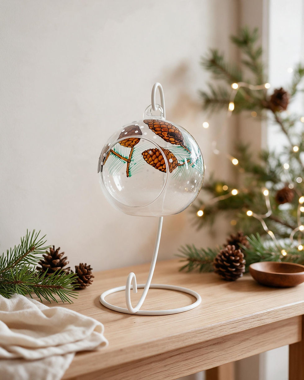 Thumbnail: Hand-painted pine cone glass candle holder with amber brown pine cones and green needles, displayed on a white metal stand.