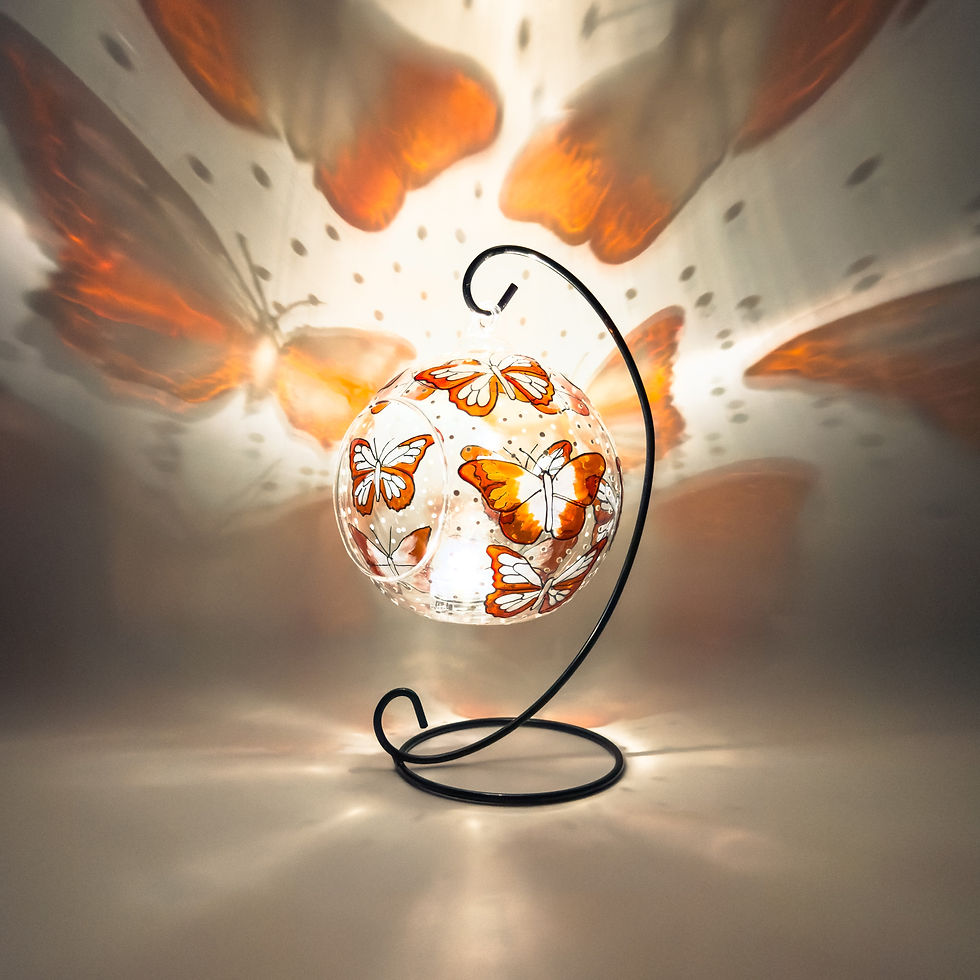 hand painted butterfly glass candle holder in stain glass effect with pearl and orange