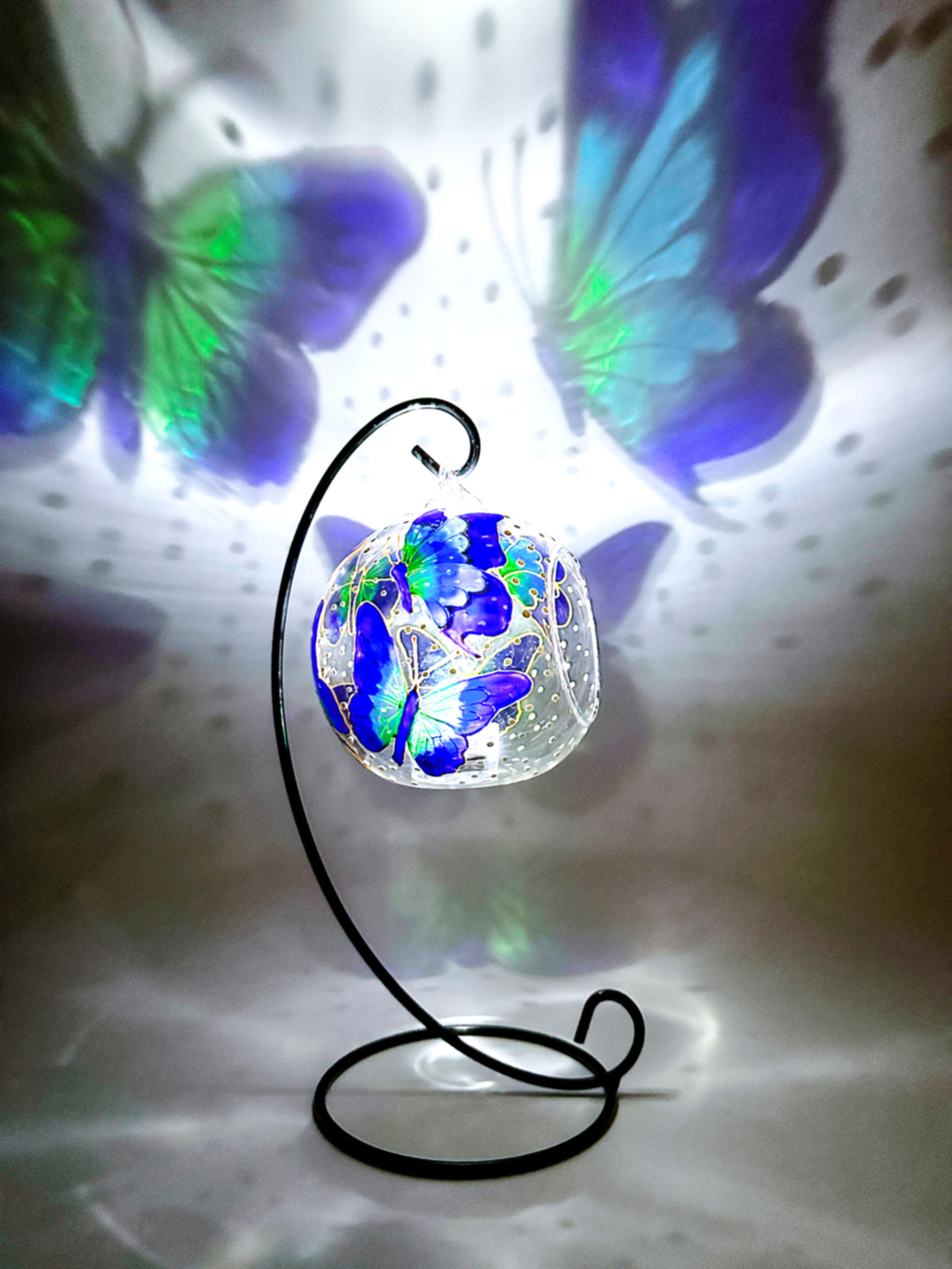 Gradient Blue Hand Painted Butterfly Glass Candle Holder