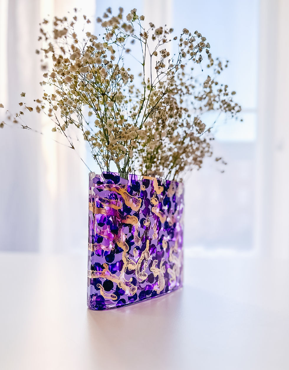 Thumbnail: Beautiful and unique Purple and Gold Oval Glass Vase for flowers. A colorful abstract decorative vase for flowers
