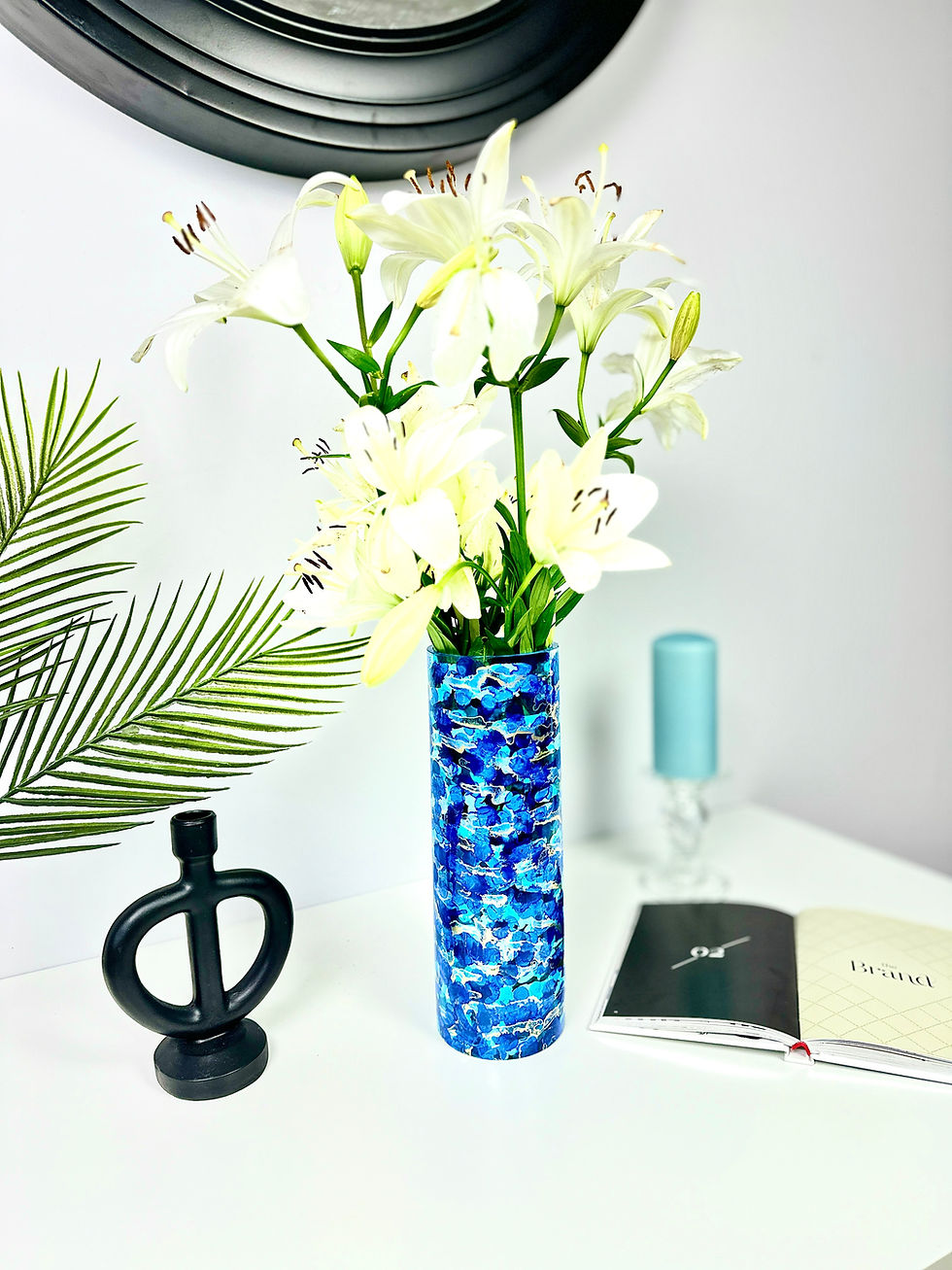 Thumbnail: Glass Vase Hand painted in shades of blue and shimmering gold, 30 cm tall, 10 cm wide