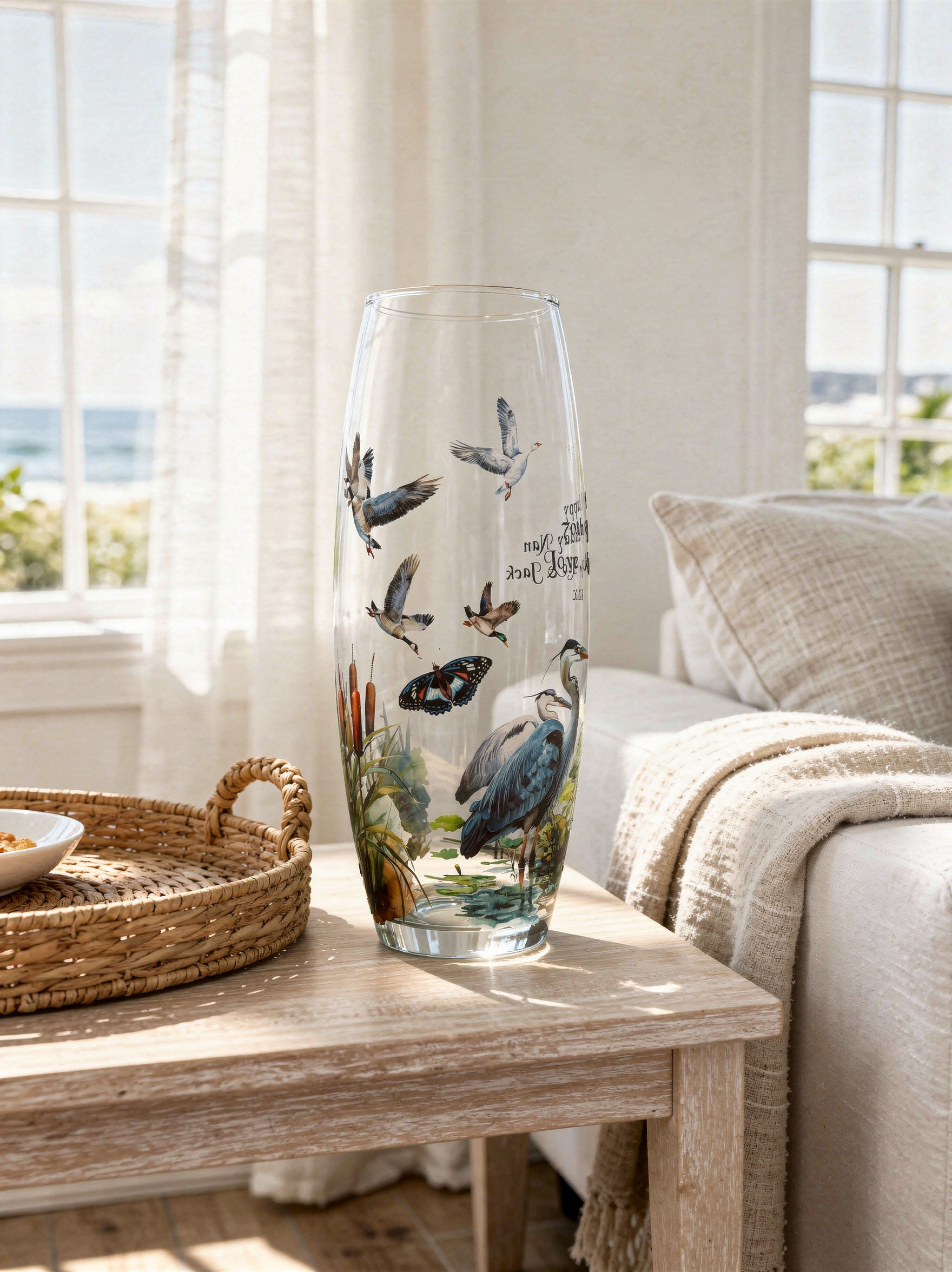 personalised glass vase printed with a beautiful wildlife artwork inspired by peaceful wetland scenes.