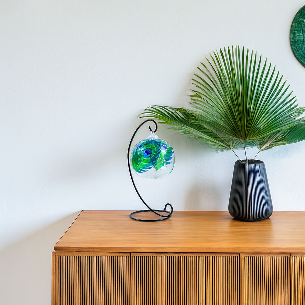 Thumbnail: Vibrant Peacock Feathers Hand Painted Glass Candle Holder