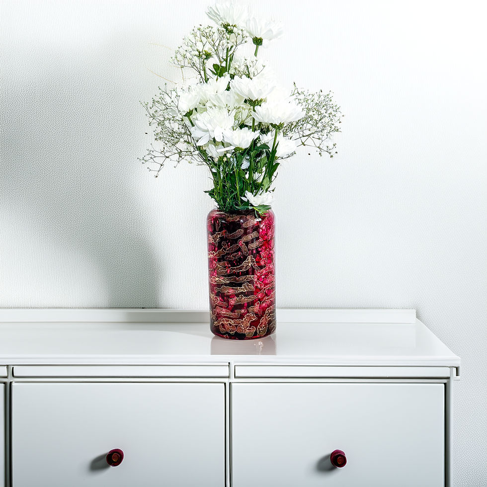 Thumbnail: burgundy and gold glass vase, carefully hand-painted for a truly one-of-a-kind design