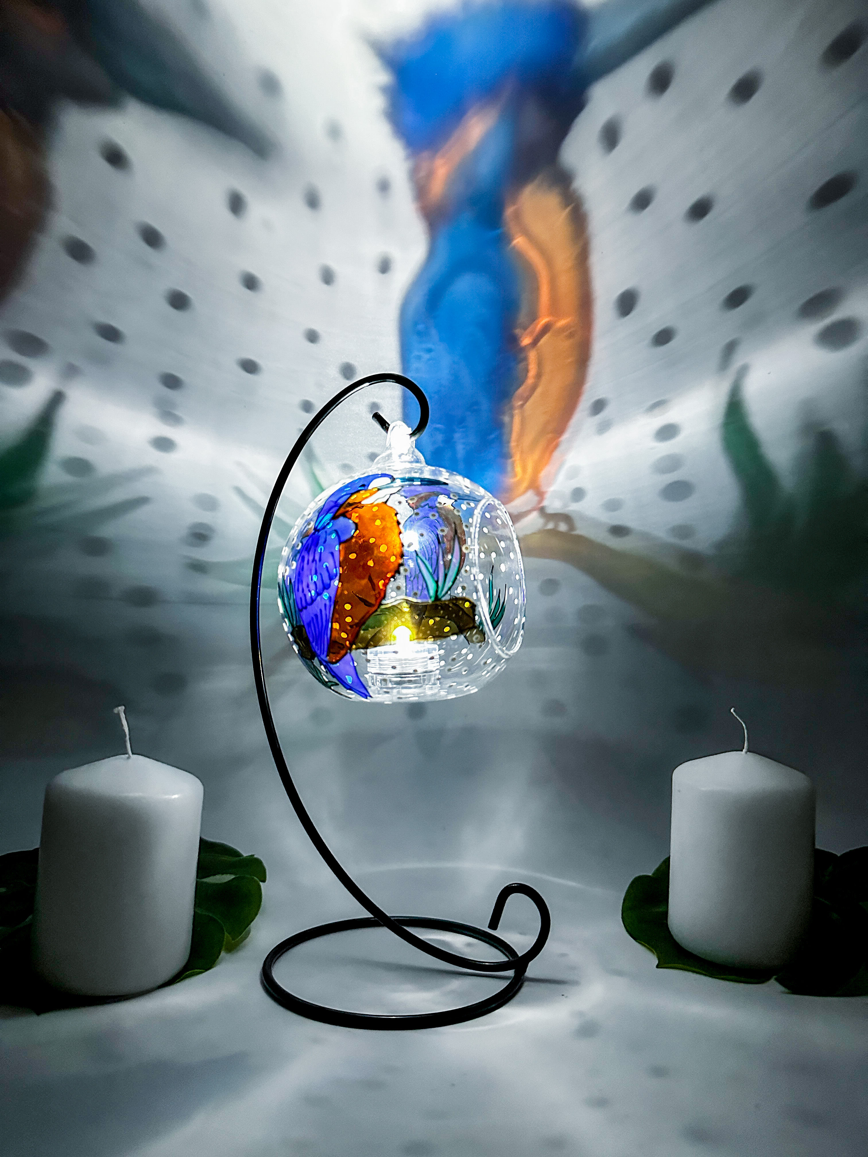 Kingfisher Hand Painted Glass Candle Holder, Kingfisher Bird |Decor