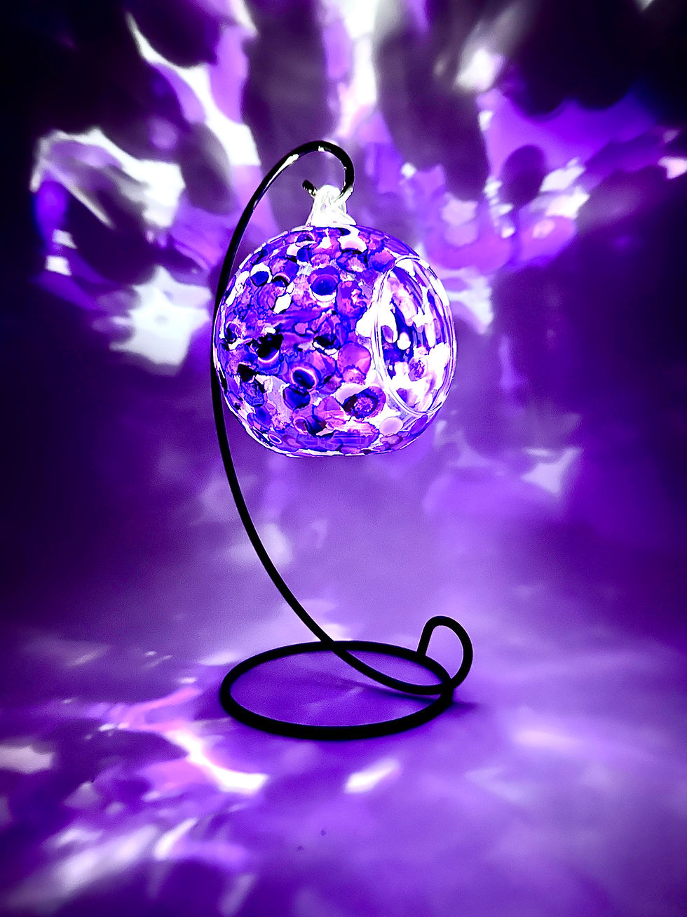 Thumbnail: Unique and sticking design, this hand painted purple abstract  candle holder is hand painted in reach purple on a lavender ba