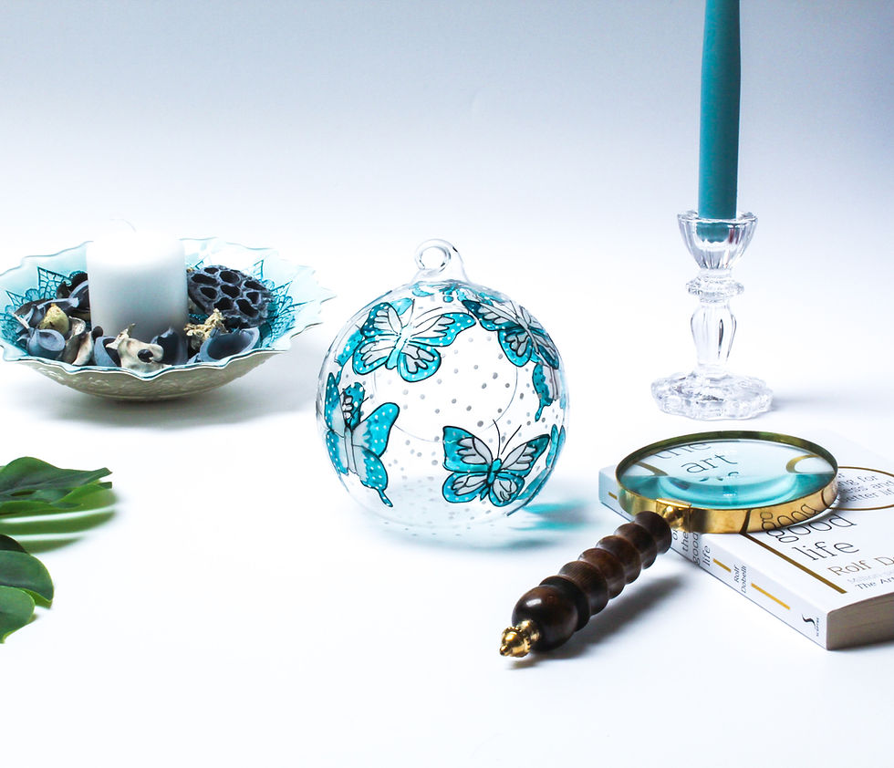 Thumbnail: Teal Butterflies Glass Candle Holder, Hand Painted