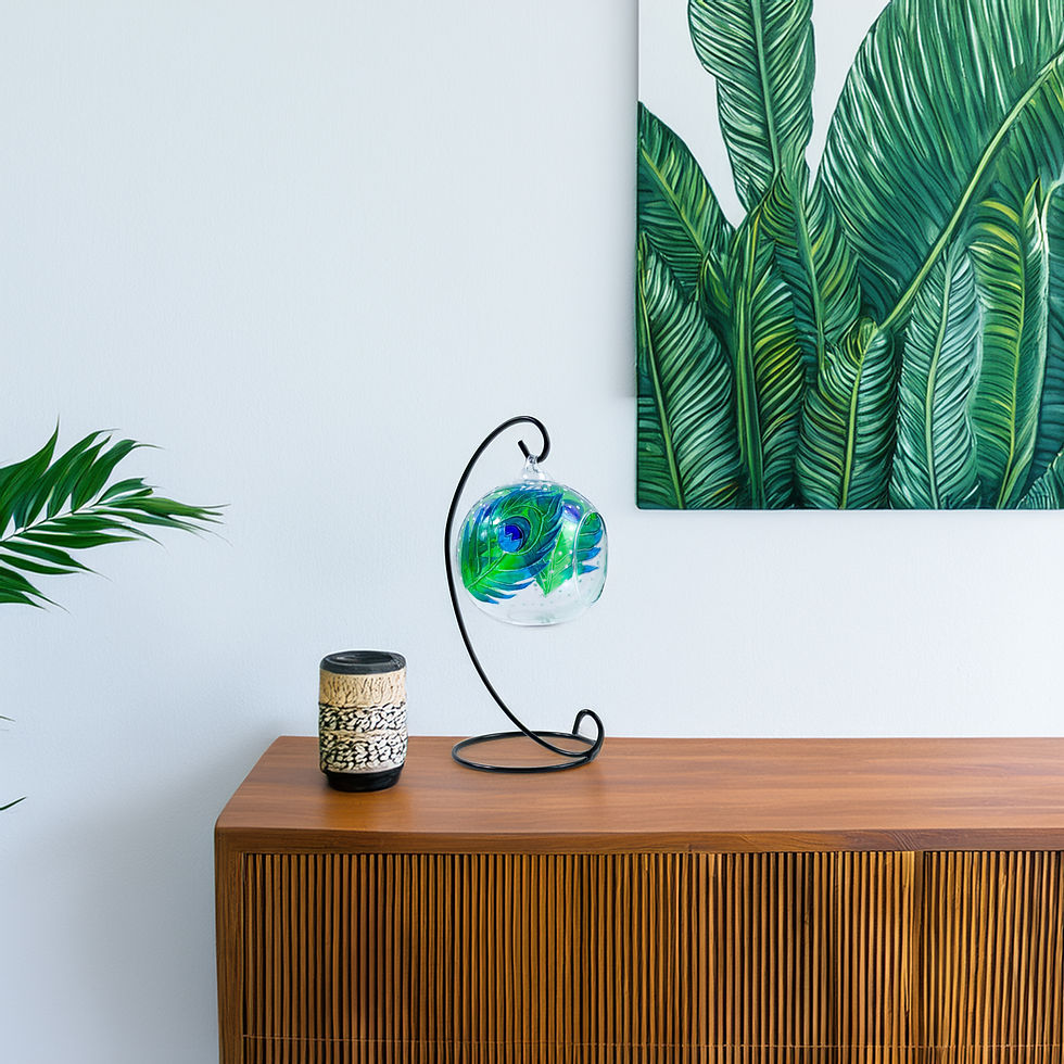 Thumbnail: Vibrant Peacock Feathers Hand Painted Glass Candle Holder