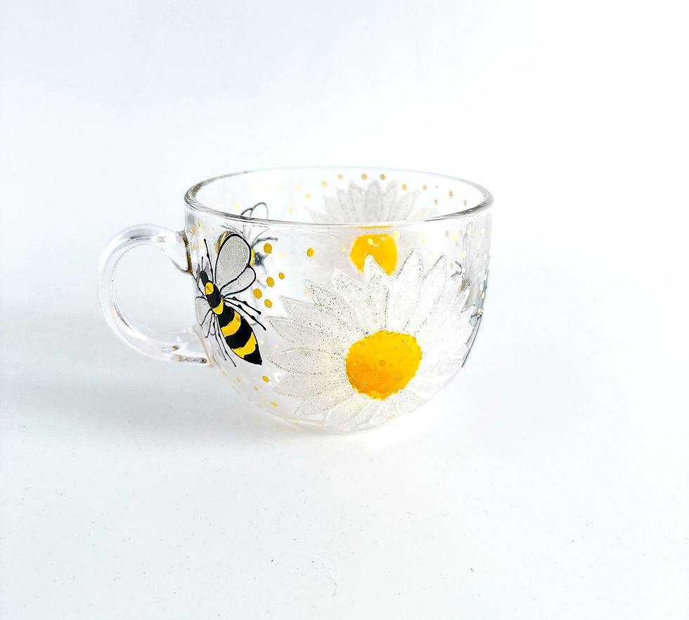 Thumbnail: Personalised Hand Painted glass coffee mug with Daisies and Bees, 500 ml capacity, heat and cold resistant.