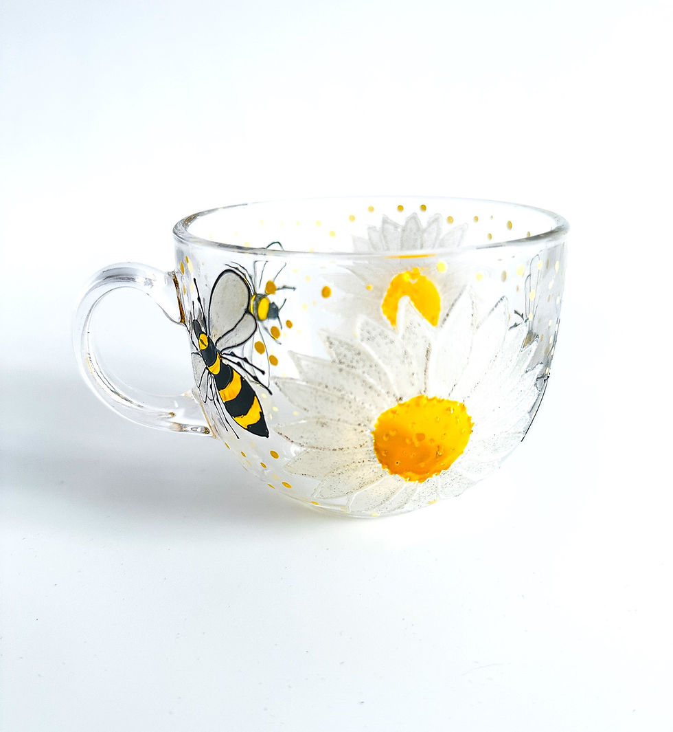 Thumbnail: Personalised Hand Painted glass coffee mug with Daisies and Bees, 500 ml capacity, heat and cold resistant.