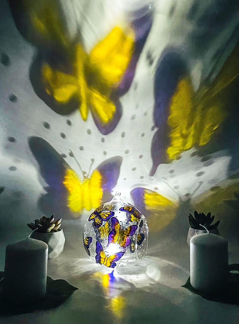 Thumbnail: Butterflies Glass Candle Holder Hand Painted in Yellow and Purple