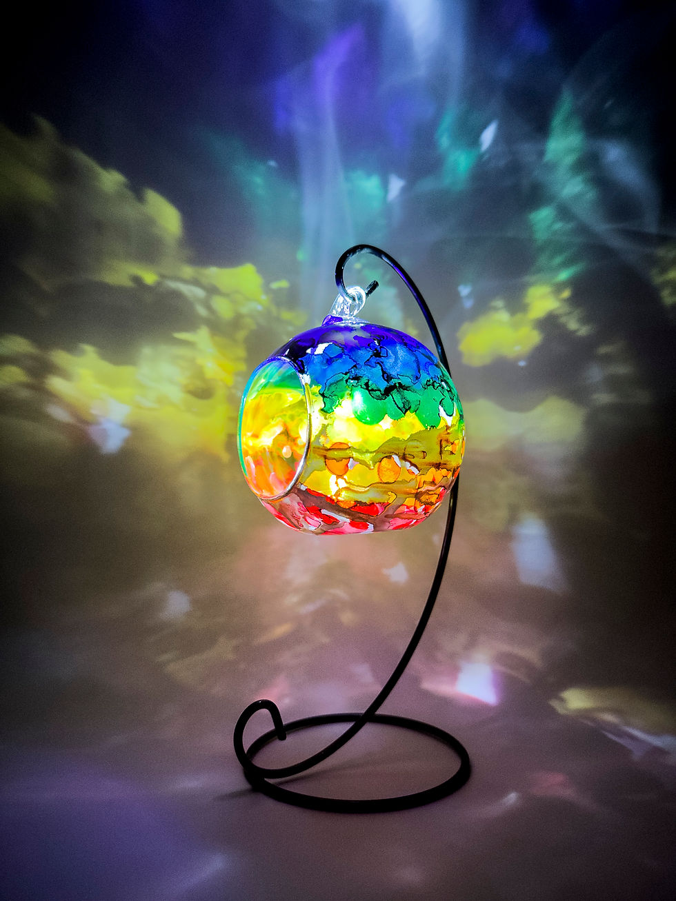 Thumbnail: Striking Abstract Rainbow Hand Painted Glass Candle Holder, the perfect addition to your unique home decor collection