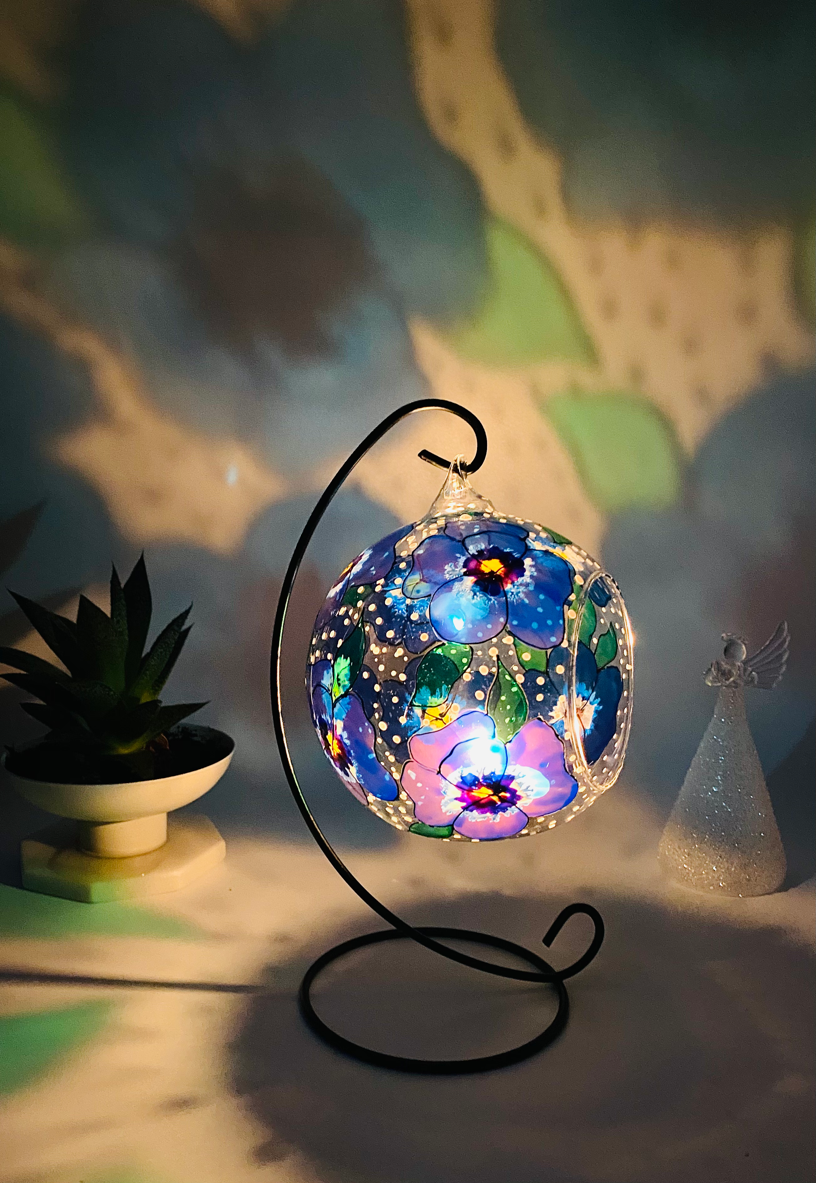 Blue Pansy Candle Holder, Hanging Tealight Holder