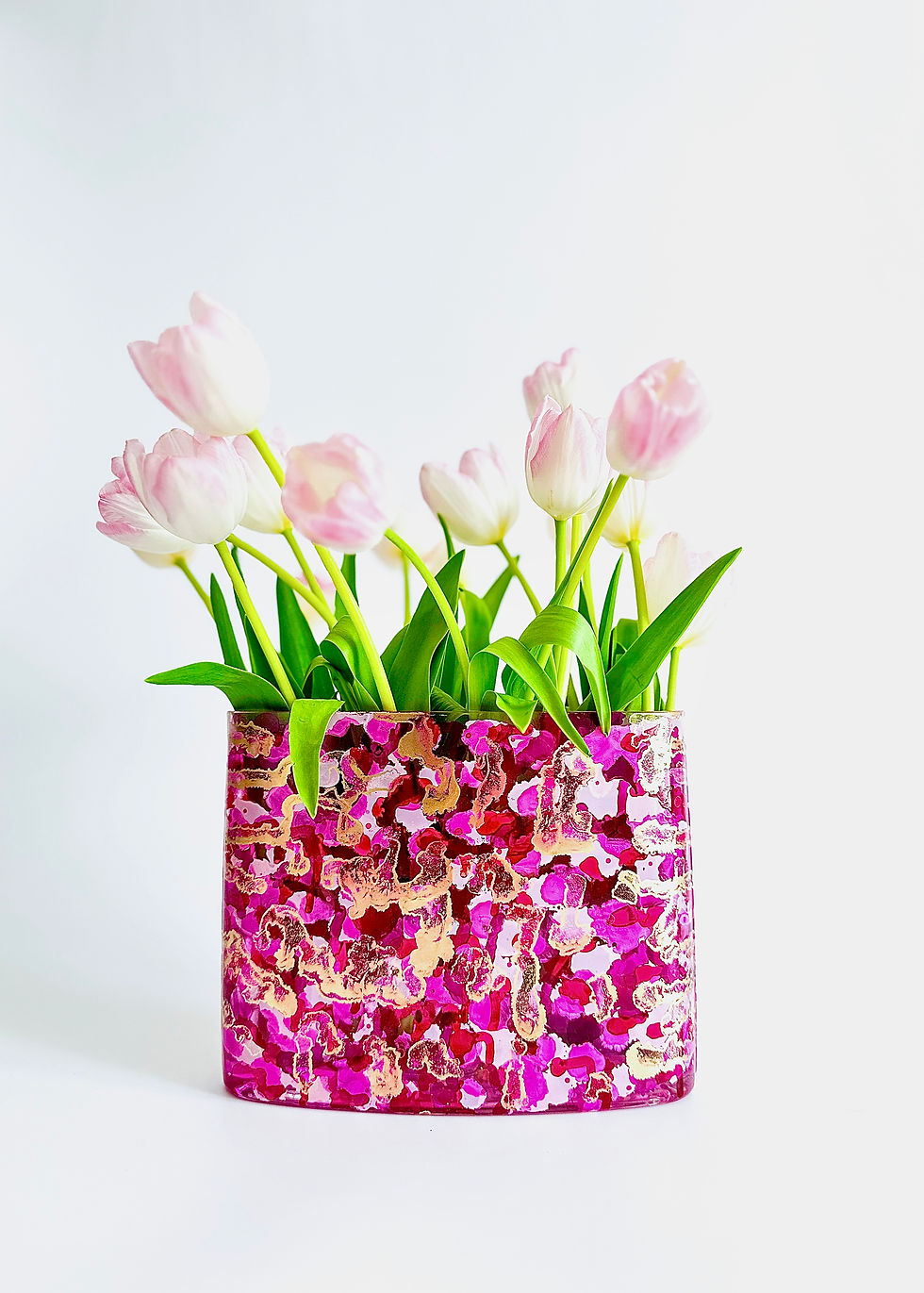 Thumbnail: This Pink and Gold Oval Glass Vase for Flowers is Hand Painted in shades of bright pink and scattered gold accents.