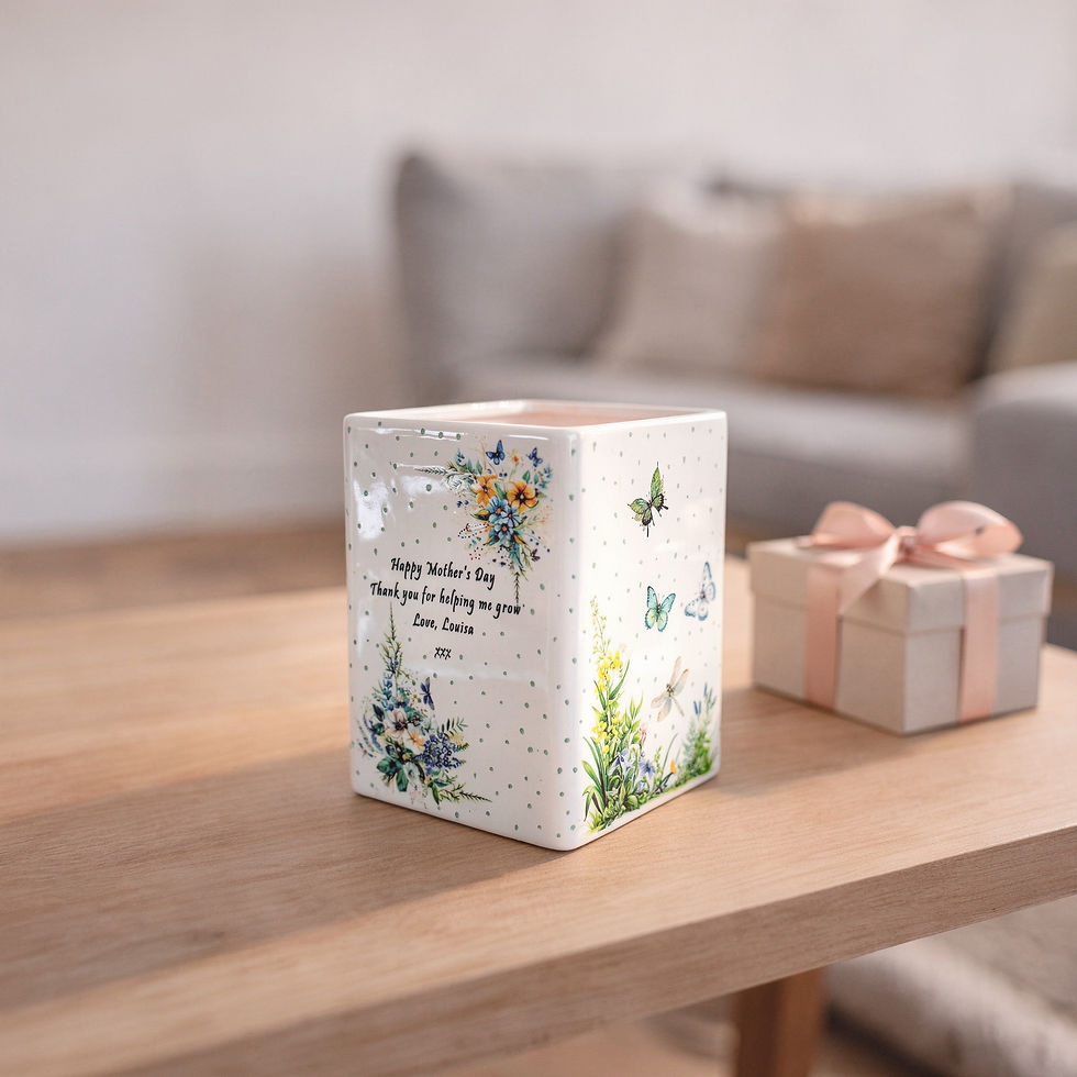 Thumbnail: rectangle white ceramic plant pot with spring flower patterns and personalised message