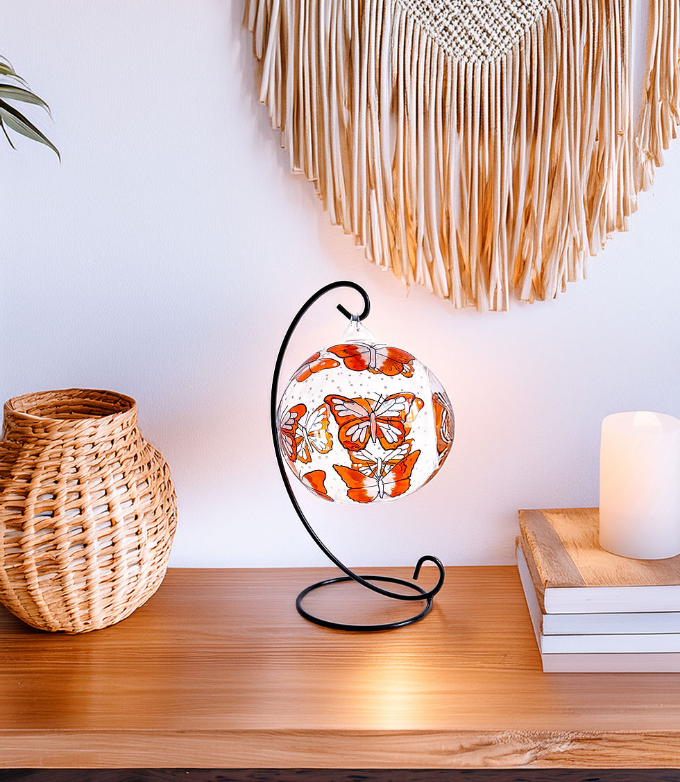 Thumbnail: hand painted butterfly glass candle holder in stain glass effect with pearl and orange