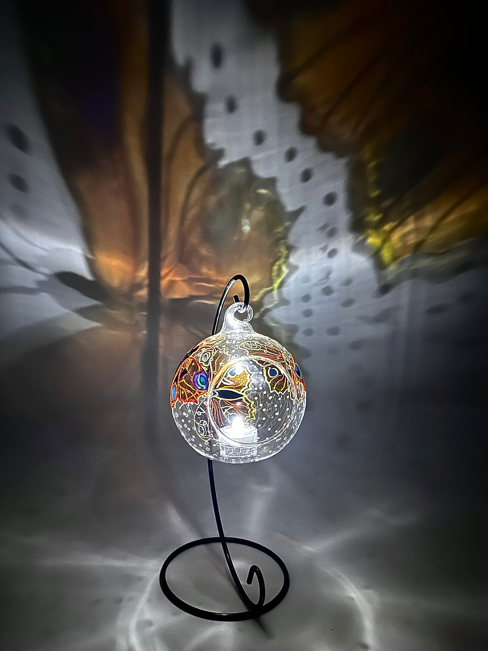 Thumbnail: Peacock Butterfly Hand Painted Glass Candle Holder