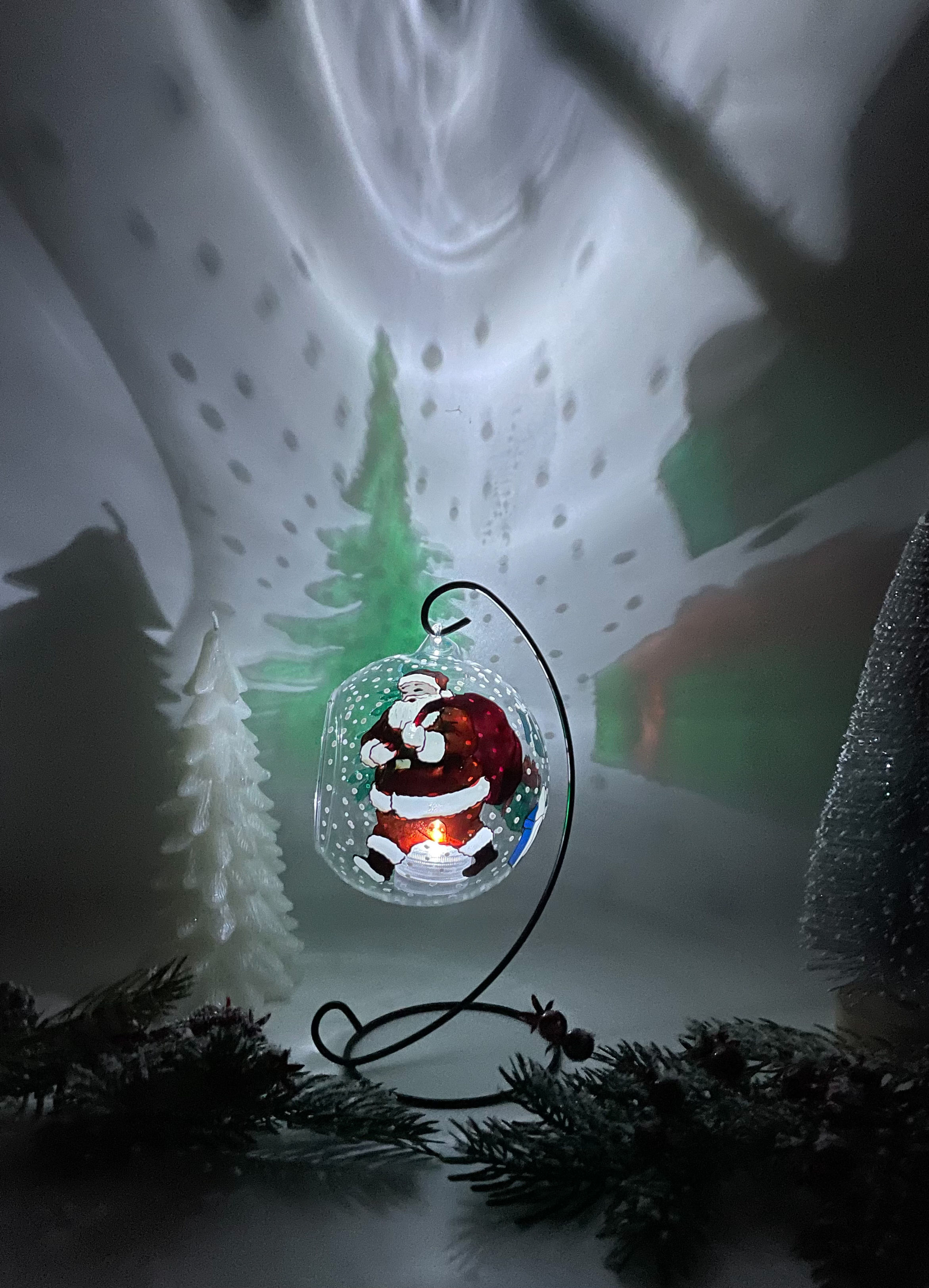 Santa Glass Candle Holder, Christmas Decorative Tealight Holder