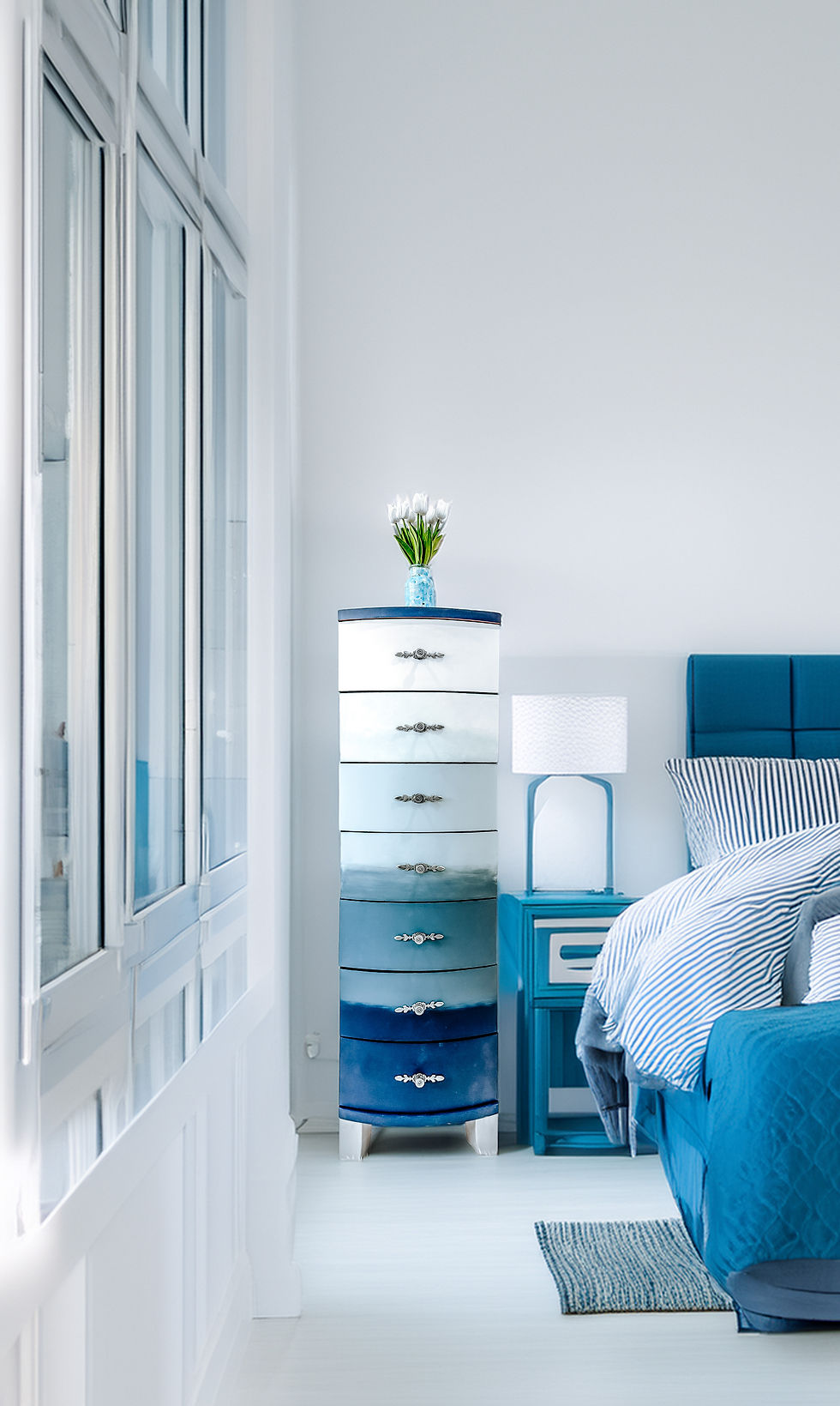 Thumbnail: Upcycled Solid Wood Tall Boy Drawer with 7 Drawers, Hand Painted in Shades of Blue.