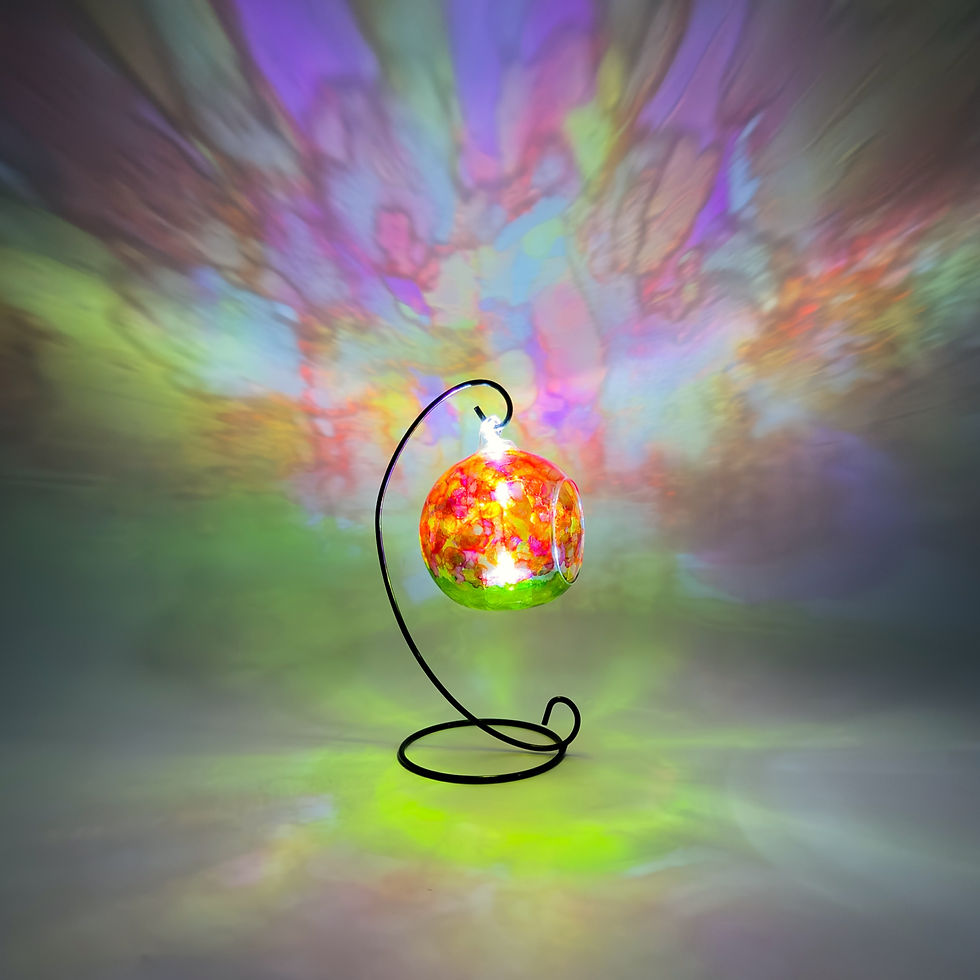 Thumbnail: Spring Meadow Abstract Glass Candle Holder hand painted in spring inspired colours of green, yellow, white and pink with gold