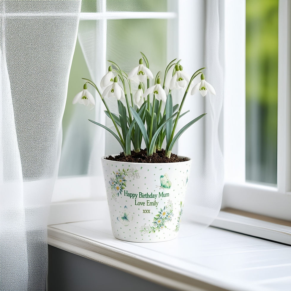 Thumbnail: a white plant pot with daisy flowers pattern and a personalised printed message
