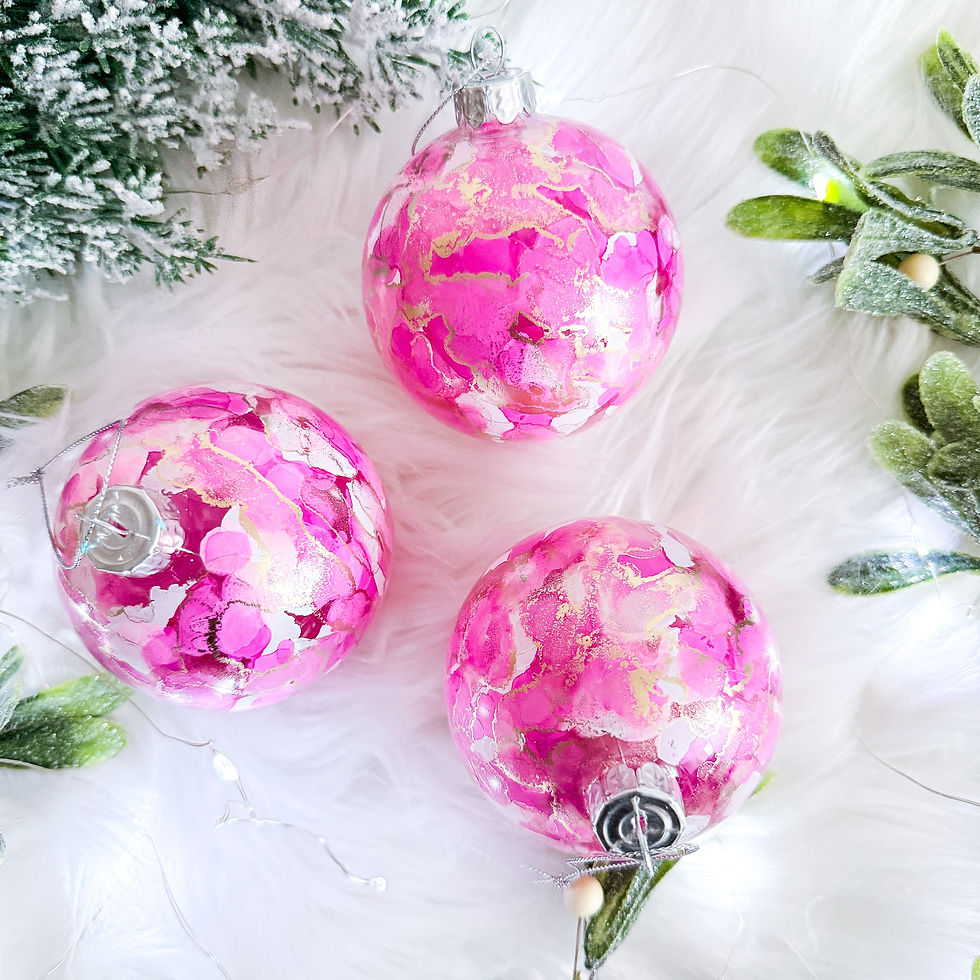Thumbnail: Pink and gold glass Christmas baubles in set of 3, Hand painted