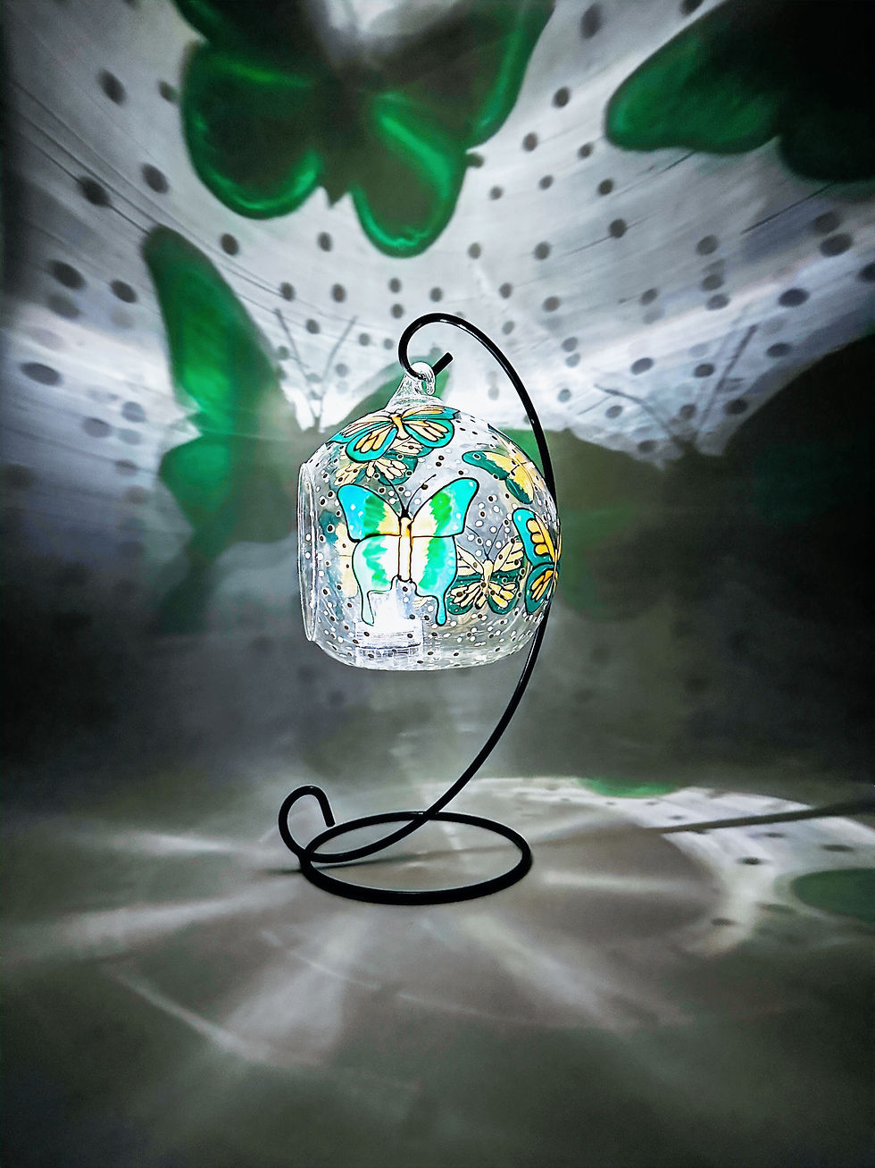 Thumbnail: Green Butterfly Colourful Glass Candle Holder, Hand Painted