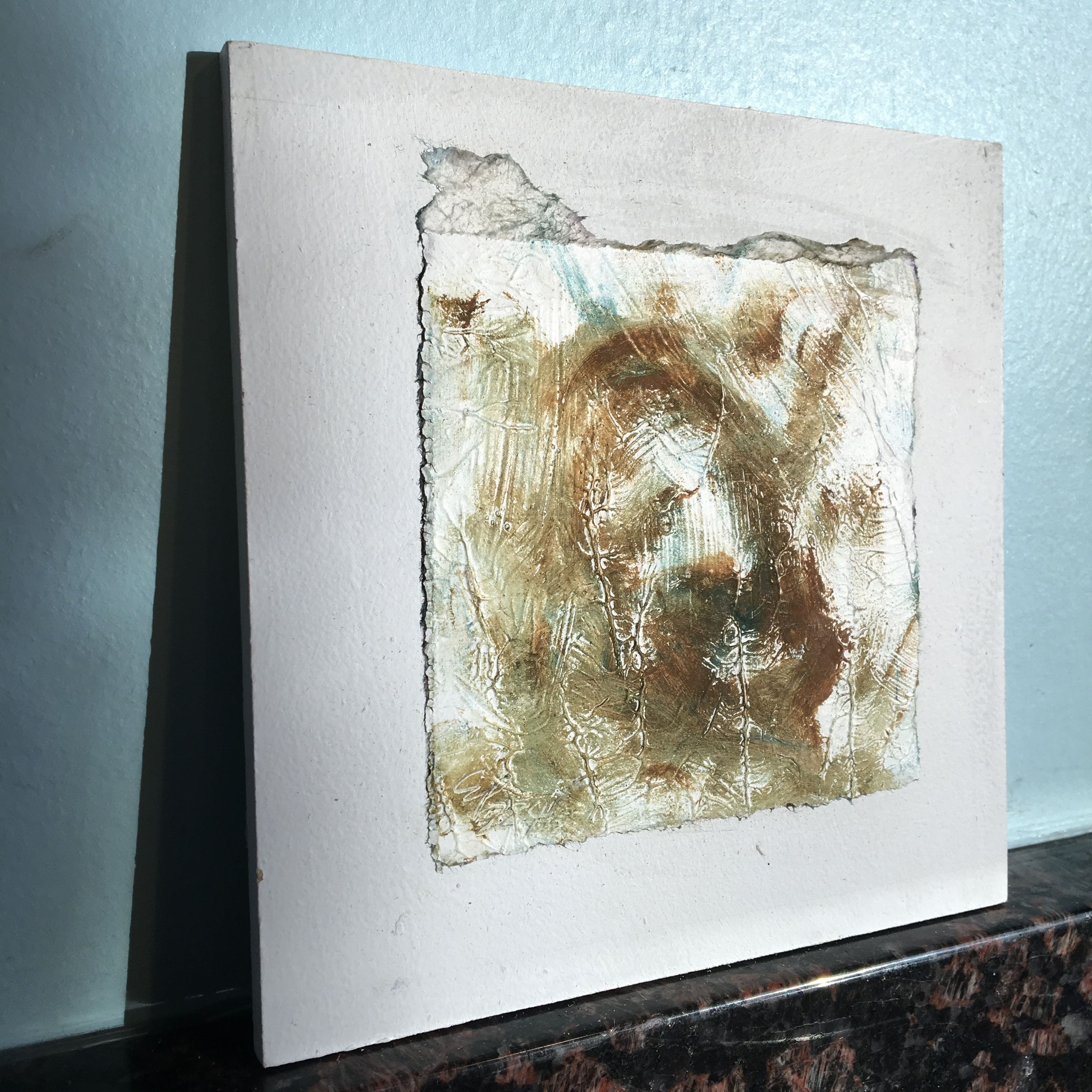 Brown with a little blue 4x4 on 6x6 wood panel Where is Jesus in This Mess?
