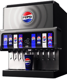 A modern Pepsi Spire fountain machine with a touchscreen interface and multiple drink selections, including Pepsi, Diet Pepsi