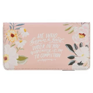 A Good Work Peach Floral Faux Leather Checkbook Wallet - Philippians 1:6