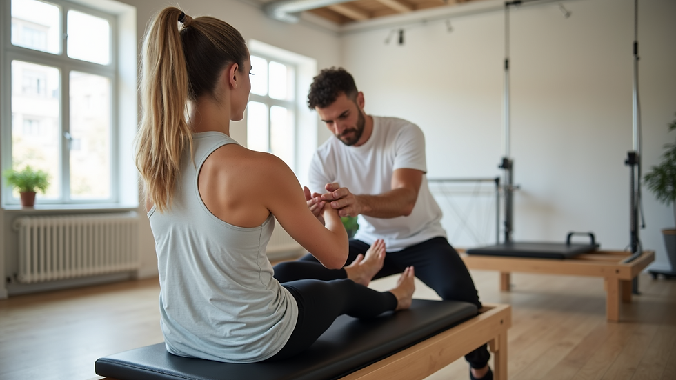 Eye-level view of a Pilates instructor guiding a client through a reformer exercise in a bright studio