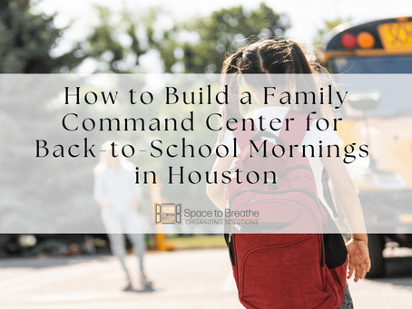 A school bus with a mom waiting on her child. Overlay text, "How to Build a Family Command Center for Back to School Mornings in Houston"
