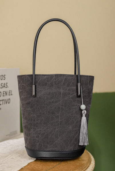 Thumbnail: Polyester Printed Handbag with Emerald Bamboo Leaf Motif